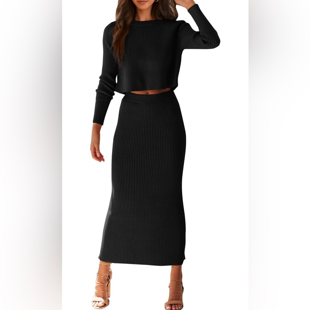 PRETTYGARDEN 2Piece Sweater Set Rib Knit Crop Top Maxi Bodycon Skirt Casual